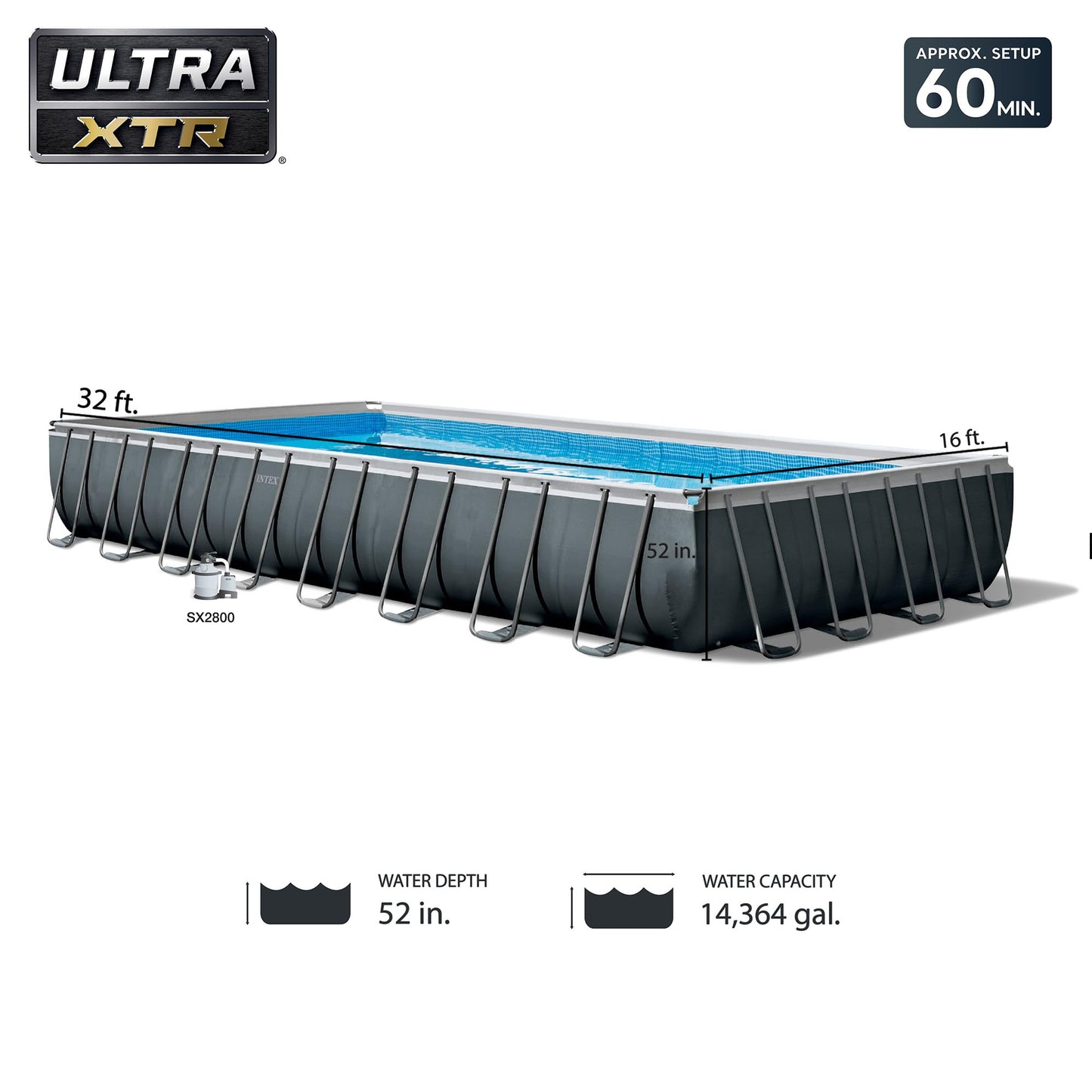 Intex 26373EH 32ft x 16ft x 52in Ultra XTR Frame Above Ground Rectangular Swimming Pool Set with Sand Filter Pump, Ladder, Cover, & Maintenance Kit