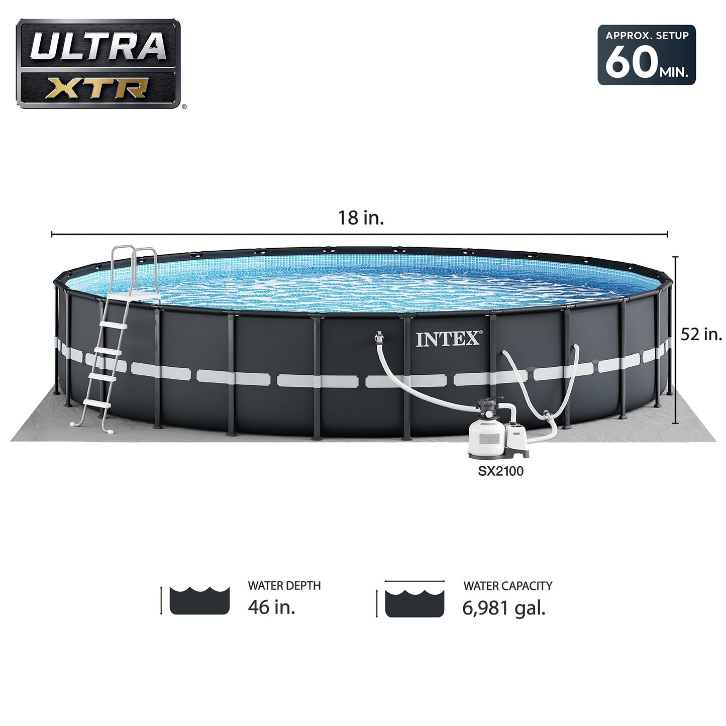 Intex Ultra XTR Frame 18' x 52" Above Ground Swimming Pool with Sand Filter Pump, Ladder, Cover, & Maintenance Accessory Kit with Vacuum and Skimmer