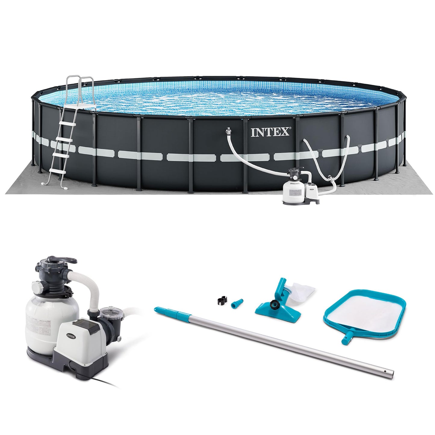Intex Ultra XTR Frame 18' x 52" Above Ground Swimming Pool with Sand Filter Pump, Ladder, Cover, & Maintenance Accessory Kit with Vacuum and Skimmer