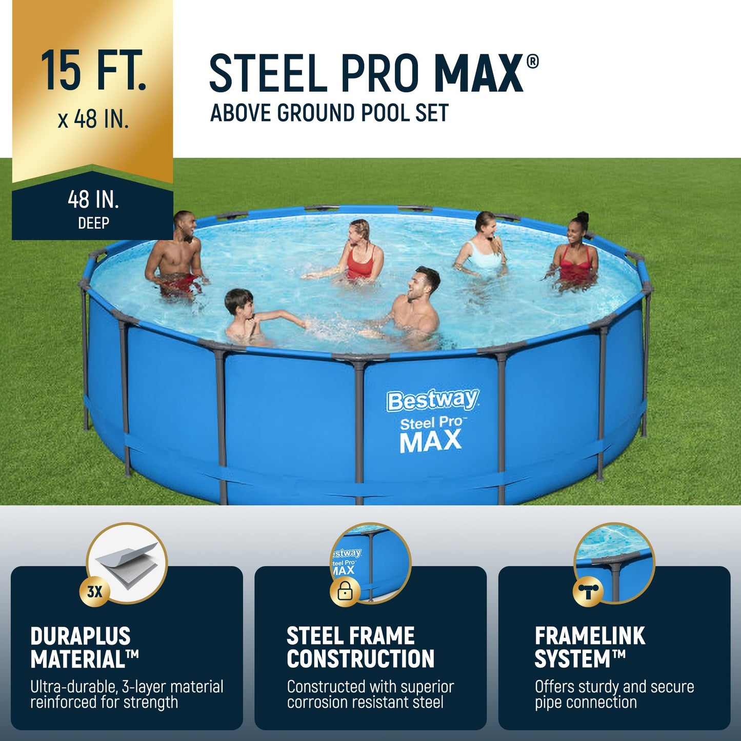Bestway Steel Pro MAX 15’ x 48" Round Metal Steel Frame Above Ground Outdoor Backyard Family Swimming Pool, POOL ONLY
