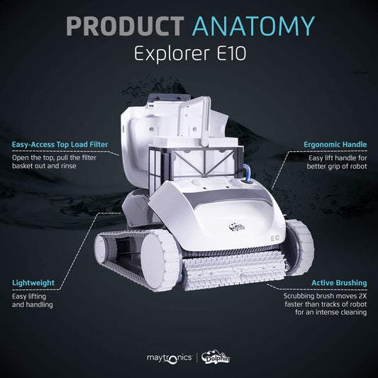 Dolphin (2025 Model) E10 Automatic Robotic Pool Vacuum Cleaner, Active Scrubber Brush, Top Load Filters Access, Ideal for Above-Ground Pools up to 30 FT in Length