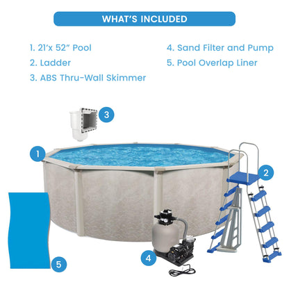 Aquarian Phoenix 21 Foot Round x 52 Inch Deep Steel Frame Above Ground Swimming Pool Set with Sand Filter, Pump, Ladder, Pool Liner, and Skimmer