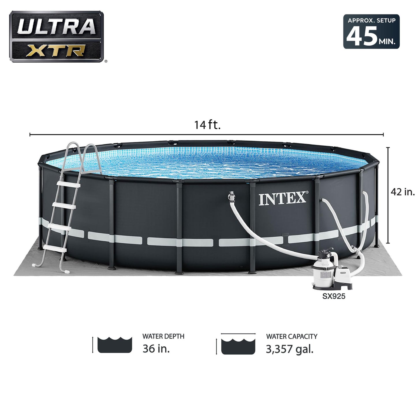 Intex Ultra XTR Frame 14' x 42" Round Above Ground Outdoor Swimming Pool Set with Sand Filter Pump, Ladder, Ground Cloth, and Pool Cover