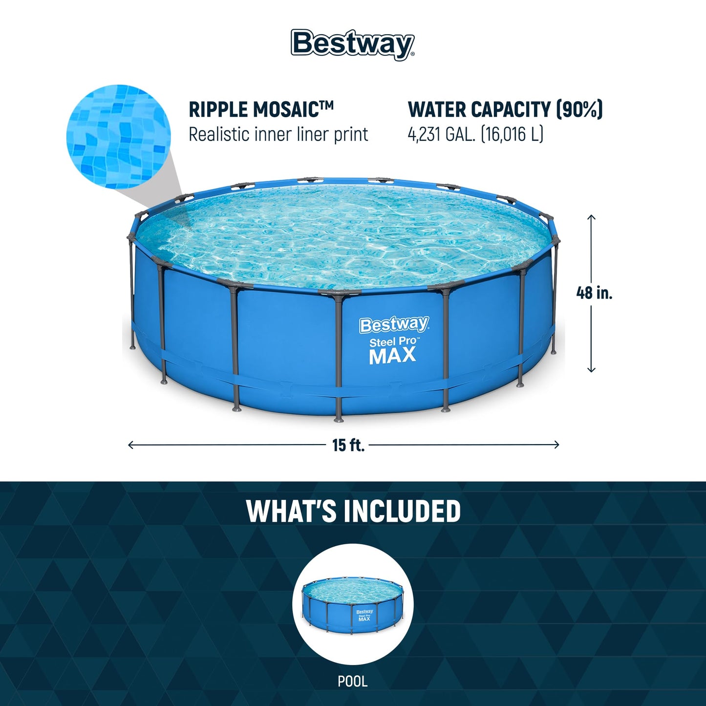 Bestway Steel Pro MAX 15’ x 48" Round Metal Steel Frame Above Ground Outdoor Backyard Family Swimming Pool, POOL ONLY