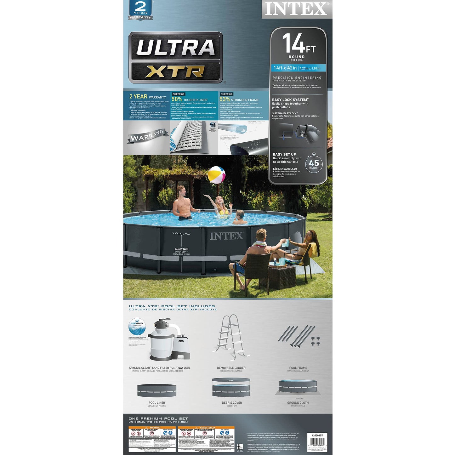 Intex Ultra XTR Frame 14' x 42" Round Above Ground Outdoor Swimming Pool Set with Sand Filter Pump, Ladder, Ground Cloth, and Pool Cover