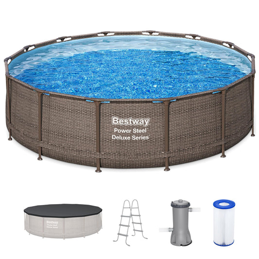 Bestway Power Steel 14’ x 42” Round Above Ground Outdoor Backyard Swimming Pool Set with 1,000 GPH Filter Pump, Ladder, and Pool Cover