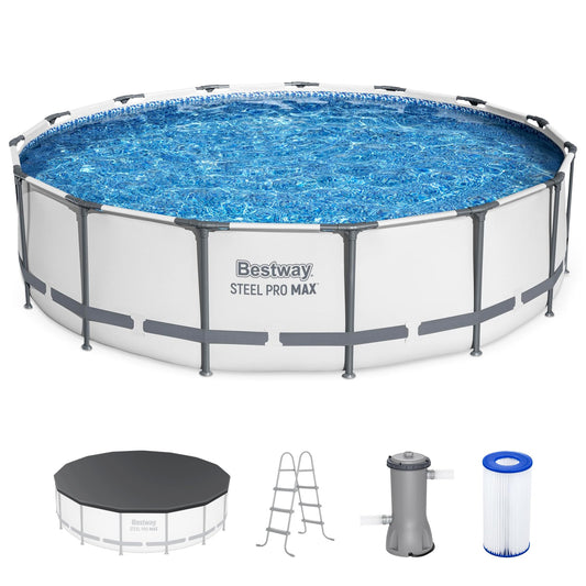 Bestway Steel Pro MAX 15" x 42" Round Above Ground Swimming Pool Set Outdooor Metal Frame Family Pool with Filter Pump, Ladder, and Cover