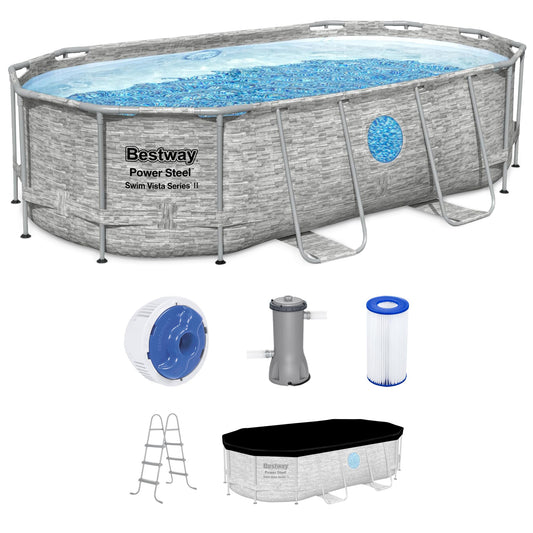 Bestway Power Steel Swim Vista Series II 14' x 8' 2" x 39.5" Above Ground Outdoor Swimming Pool Set with 530 GPH Filter Pump, Ladder, and Pool Cover