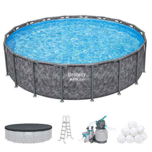 Bestway APX 365 18' x 52" Round Above Ground Swimming Pool Outdoor Backyard Framed Pool Set with Sand Filter Pump, Ladder, and Cover, Dark Marble